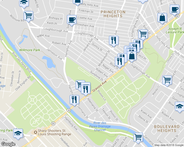 map of restaurants, bars, coffee shops, grocery stores, and more near 4952 Sunshine Drive in St. Louis