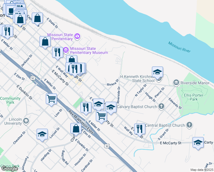 map of restaurants, bars, coffee shops, grocery stores, and more near 1201 East Capitol Avenue in Jefferson City