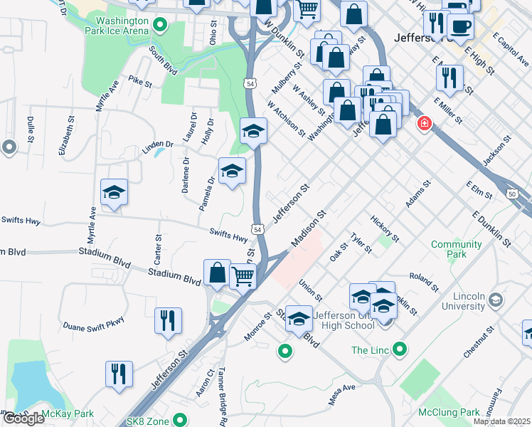 map of restaurants, bars, coffee shops, grocery stores, and more near U.S. 54 in Jefferson City