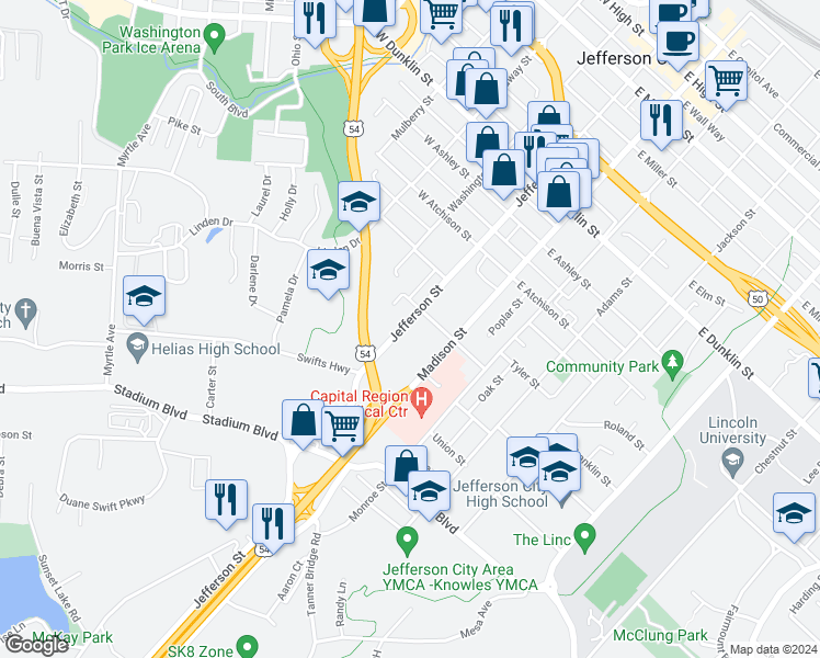 map of restaurants, bars, coffee shops, grocery stores, and more near 1111 Jefferson Street in Jefferson City