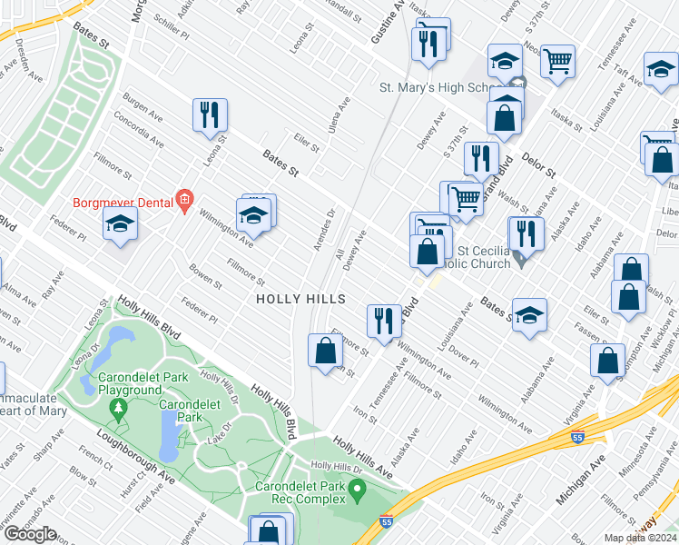 map of restaurants, bars, coffee shops, grocery stores, and more near 5731 Dewey Avenue in St. Louis