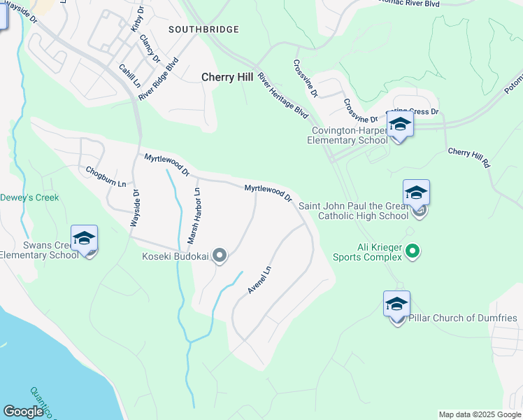 map of restaurants, bars, coffee shops, grocery stores, and more near 2881 Medford Drive in Dumfries