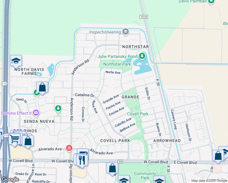 map of restaurants, bars, coffee shops, grocery stores, and more near 326 Hidalgo Place in Davis