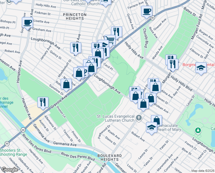 map of restaurants, bars, coffee shops, grocery stores, and more near 4572 Loughborough Avenue in St. Louis