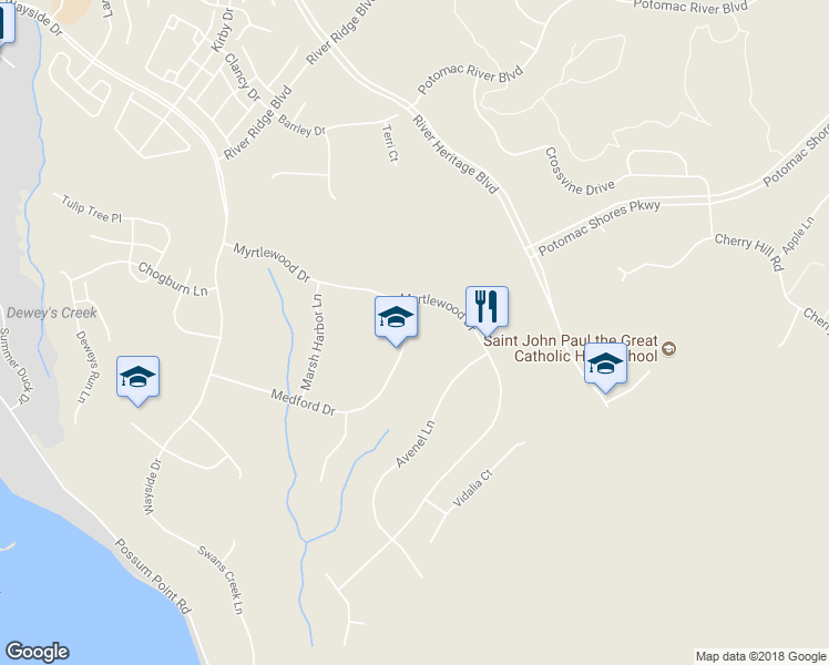 map of restaurants, bars, coffee shops, grocery stores, and more near 2881 Medford Drive in Dumfries