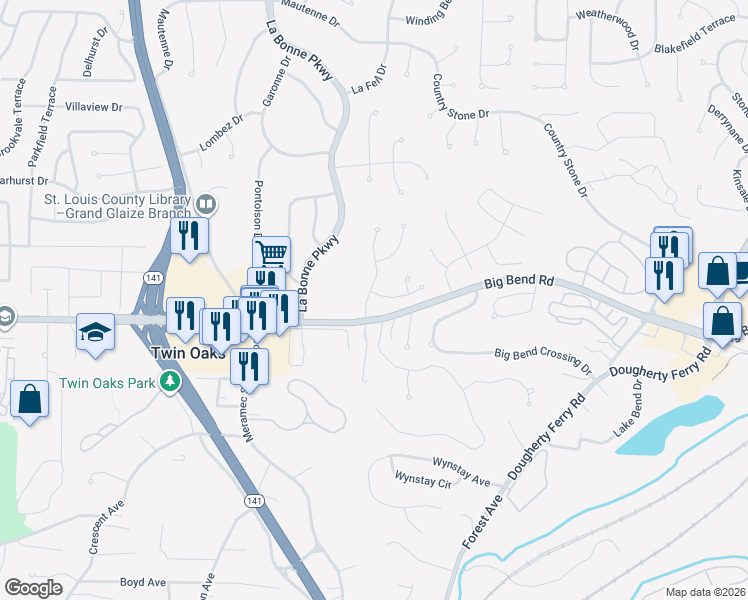 map of restaurants, bars, coffee shops, grocery stores, and more near 998 Century Oaks Drive in Ballwin