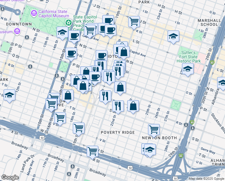 map of restaurants, bars, coffee shops, grocery stores, and more near 1720 21st Street in Sacramento