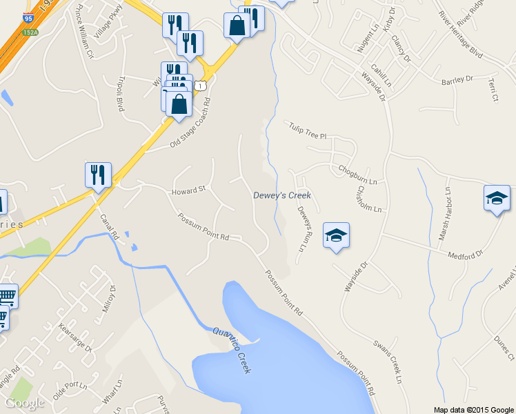 map of restaurants, bars, coffee shops, grocery stores, and more near 17583 Summer Duck Drive in Dumfries