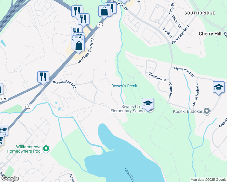 map of restaurants, bars, coffee shops, grocery stores, and more near 17583 Summer Duck Drive in Dumfries