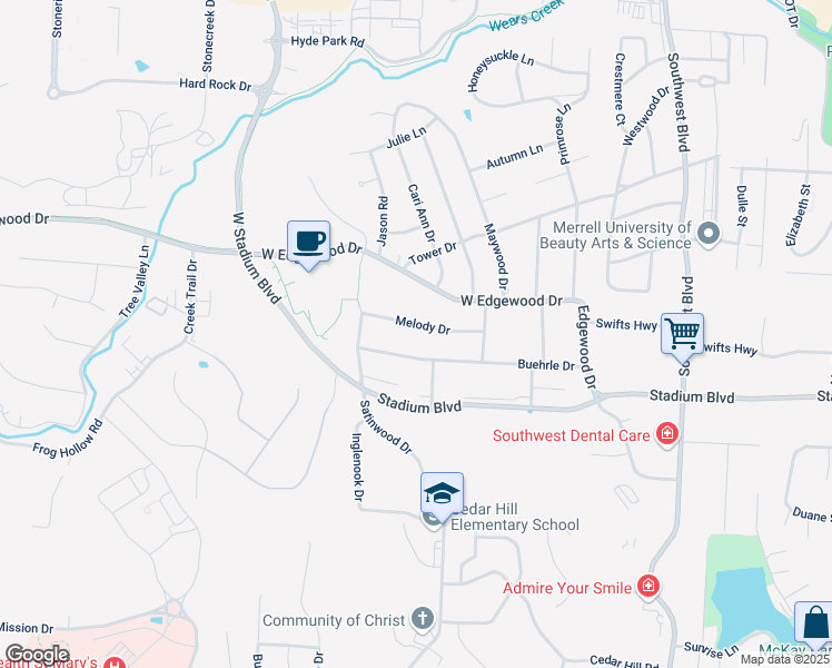 map of restaurants, bars, coffee shops, grocery stores, and more near 2120 Buehrle Drive in Jefferson City