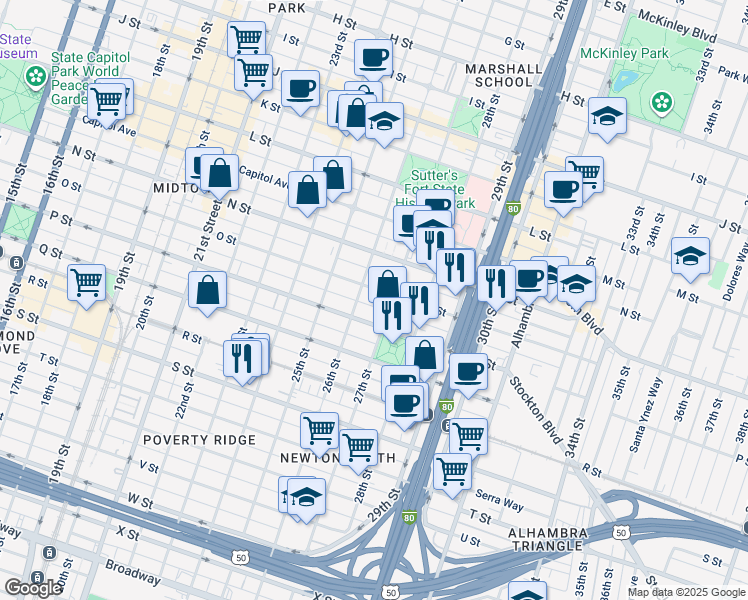 map of restaurants, bars, coffee shops, grocery stores, and more near 1531 26th Street in Sacramento