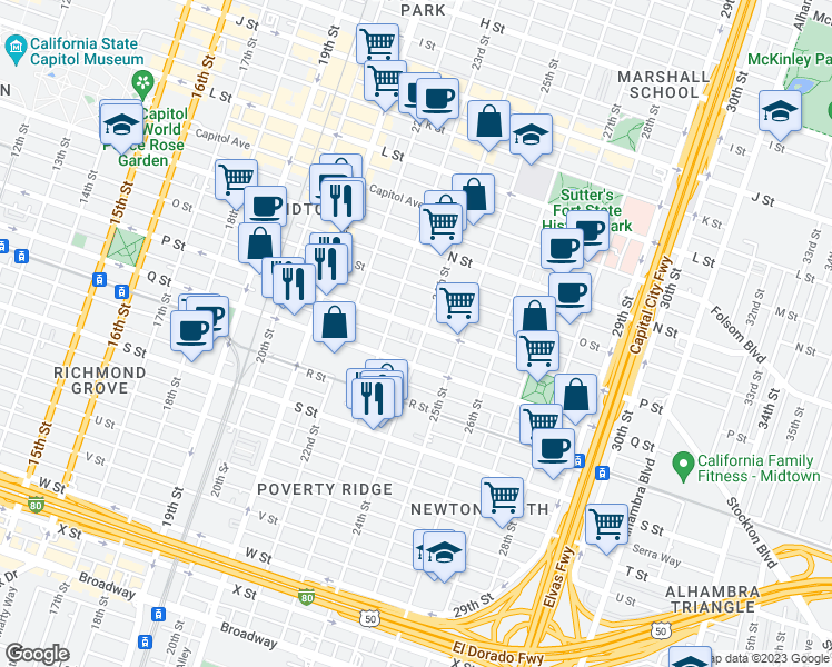 map of restaurants, bars, coffee shops, grocery stores, and more near 1617 24th Street in Sacramento