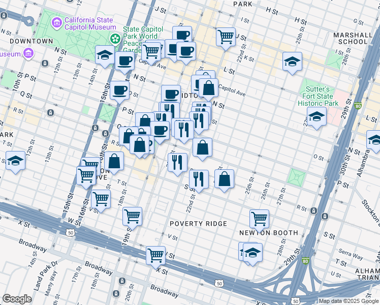map of restaurants, bars, coffee shops, grocery stores, and more near 1720 21st Street in Sacramento