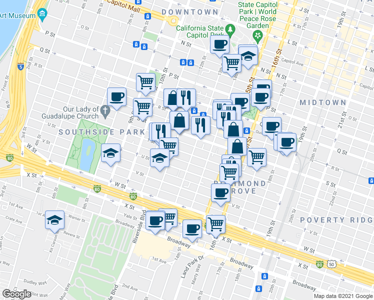 map of restaurants, bars, coffee shops, grocery stores, and more near 1300 T Street in Sacramento