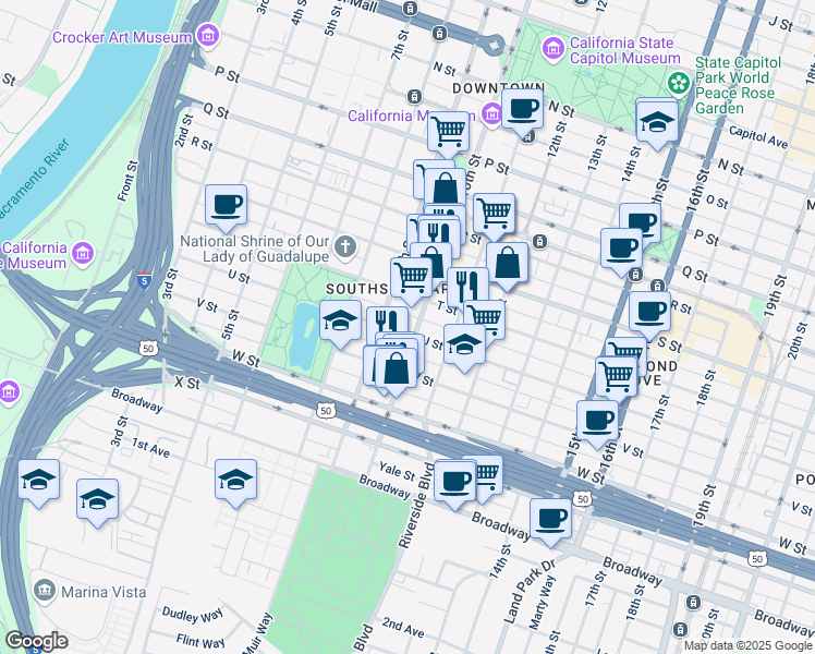 map of restaurants, bars, coffee shops, grocery stores, and more near 1006 U Street in Sacramento