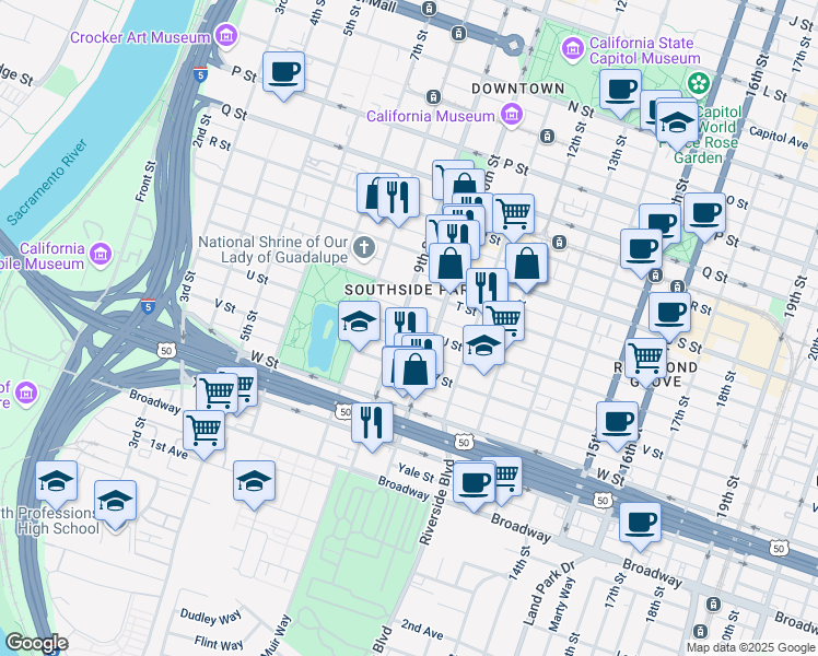 map of restaurants, bars, coffee shops, grocery stores, and more near 2115 9th Street in Sacramento