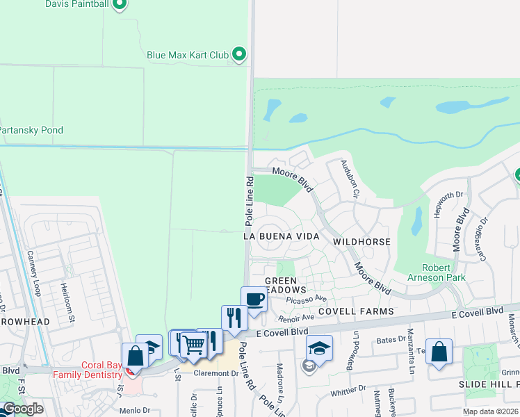map of restaurants, bars, coffee shops, grocery stores, and more near 2849 Bidwell Street in Davis
