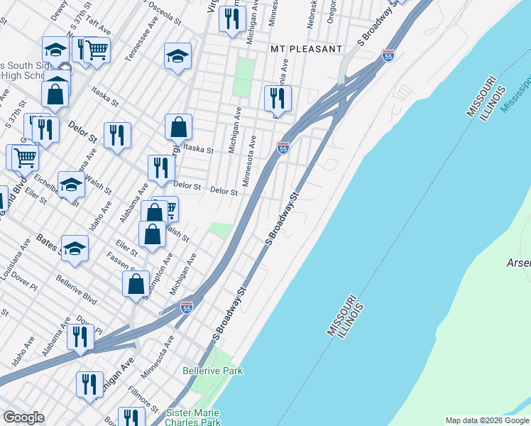 map of restaurants, bars, coffee shops, grocery stores, and more near 4840A Pennsylvania Avenue in St. Louis