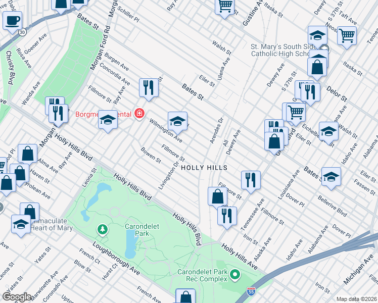 map of restaurants, bars, coffee shops, grocery stores, and more near 3845 Fillmore Street in St. Louis