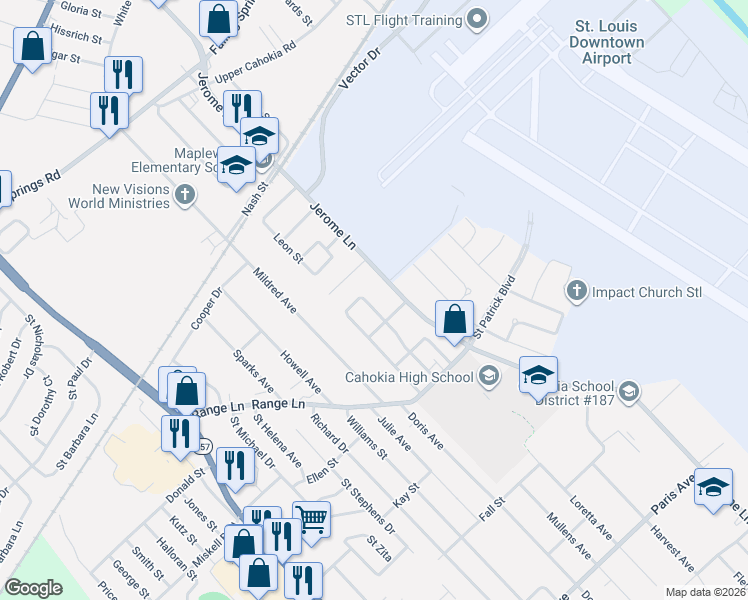 map of restaurants, bars, coffee shops, grocery stores, and more near 805 Lasalle Drive in Cahokia