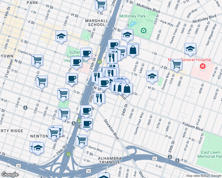 map of restaurants, bars, coffee shops, grocery stores, and more near 3160 Folsom Boulevard in Sacramento
