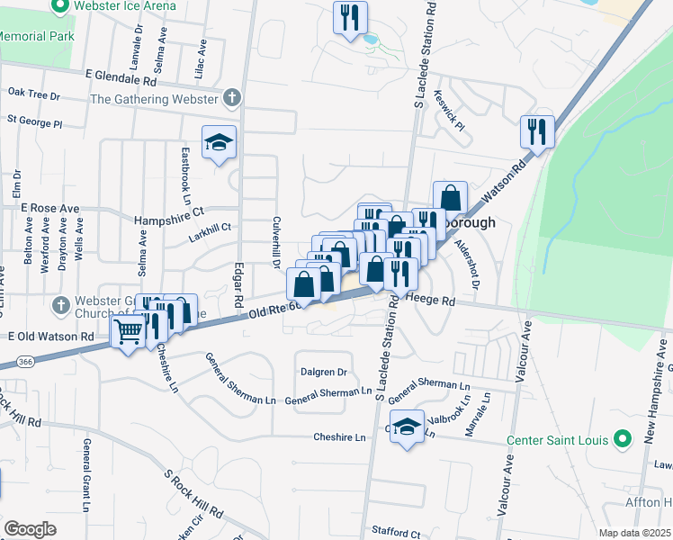 map of restaurants, bars, coffee shops, grocery stores, and more near 8041 Watson Road in Webster Groves