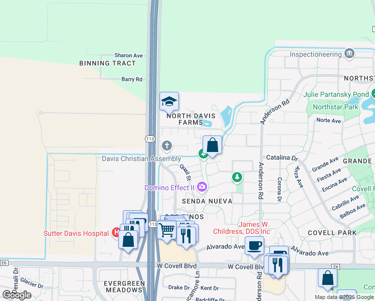 map of restaurants, bars, coffee shops, grocery stores, and more near 3001 Cassel Place in Davis