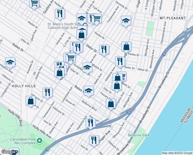 map of restaurants, bars, coffee shops, grocery stores, and more near 803 Eichelberger Street in Saint Louis