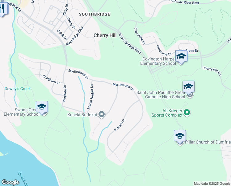 map of restaurants, bars, coffee shops, grocery stores, and more near 2882 Medford Drive in Dumfries