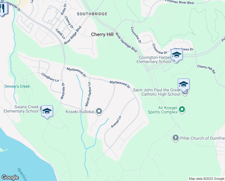 map of restaurants, bars, coffee shops, grocery stores, and more near 2882 Medford Drive in Dumfries