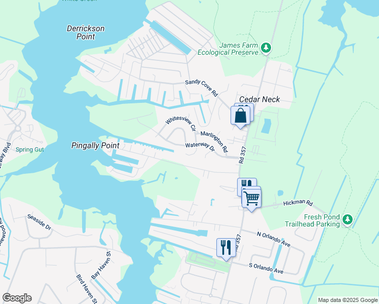 map of restaurants, bars, coffee shops, grocery stores, and more near 38159 Blue Heron Court in Ocean View