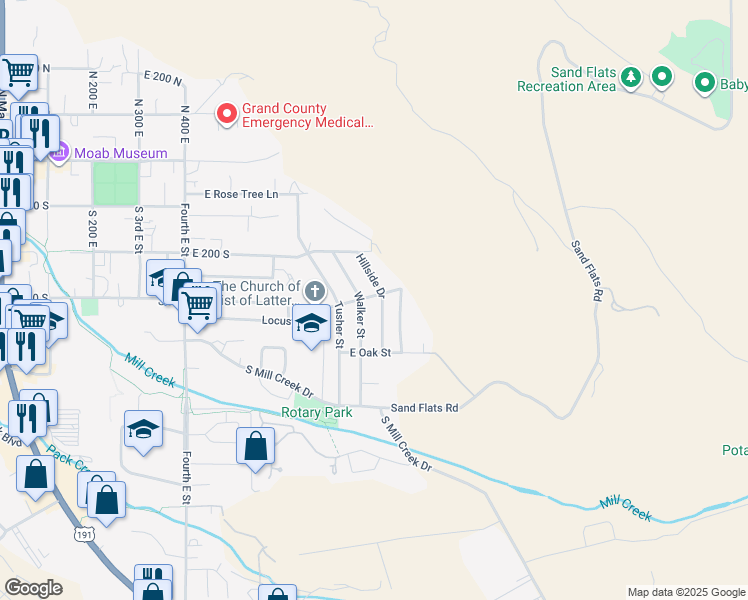 map of restaurants, bars, coffee shops, grocery stores, and more near 820 Locust Lane in Moab