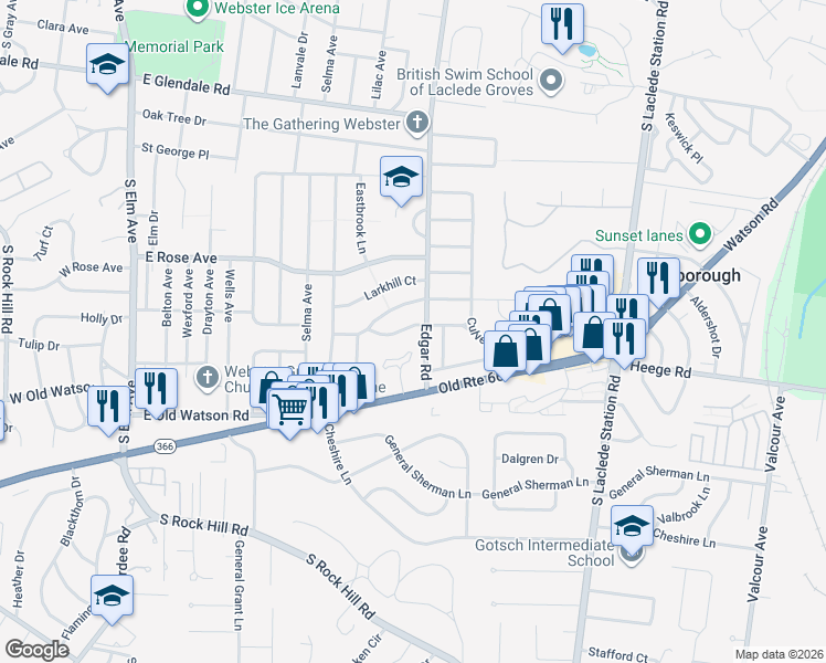 map of restaurants, bars, coffee shops, grocery stores, and more near 10 Girard Drive in Webster Groves