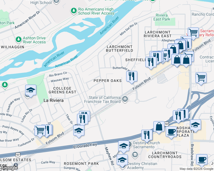 map of restaurants, bars, coffee shops, grocery stores, and more near 2822 Pepper Oaks Drive in Sacramento