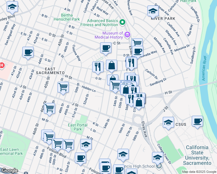 map of restaurants, bars, coffee shops, grocery stores, and more near 5330 H Street in Sacramento