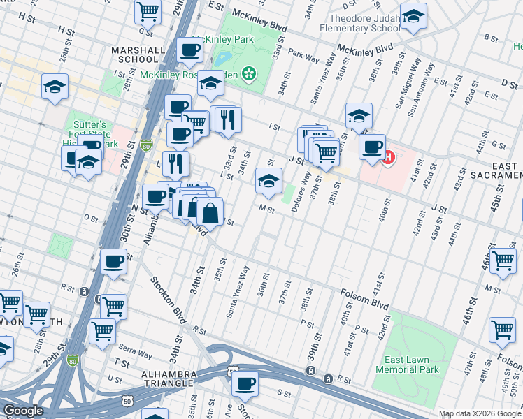 map of restaurants, bars, coffee shops, grocery stores, and more near 1310 Santa Ynez Way in Sacramento