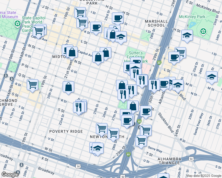 map of restaurants, bars, coffee shops, grocery stores, and more near 1531 26th Street in Sacramento