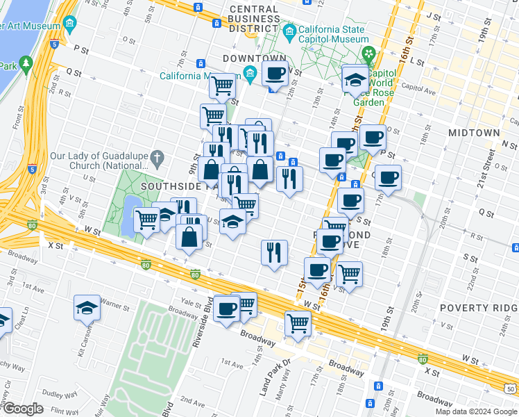 map of restaurants, bars, coffee shops, grocery stores, and more near 2013 12th Street in Sacramento