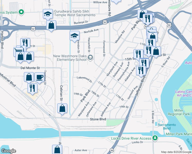 map of restaurants, bars, coffee shops, grocery stores, and more near 1701 Park Boulevard in West Sacramento