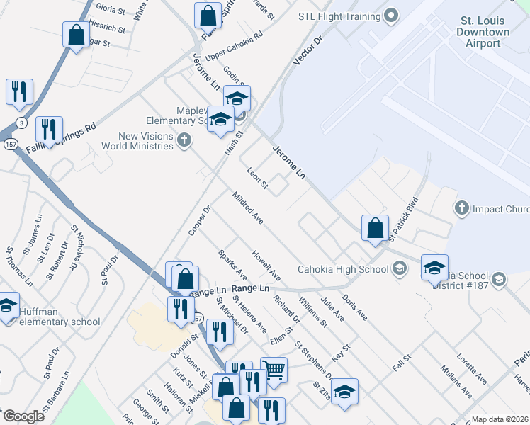 map of restaurants, bars, coffee shops, grocery stores, and more near 790 Mildred Avenue in Cahokia
