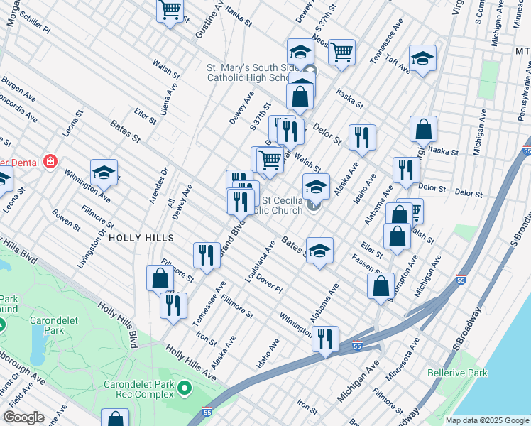 map of restaurants, bars, coffee shops, grocery stores, and more near 1032 Bates Street in St. Louis