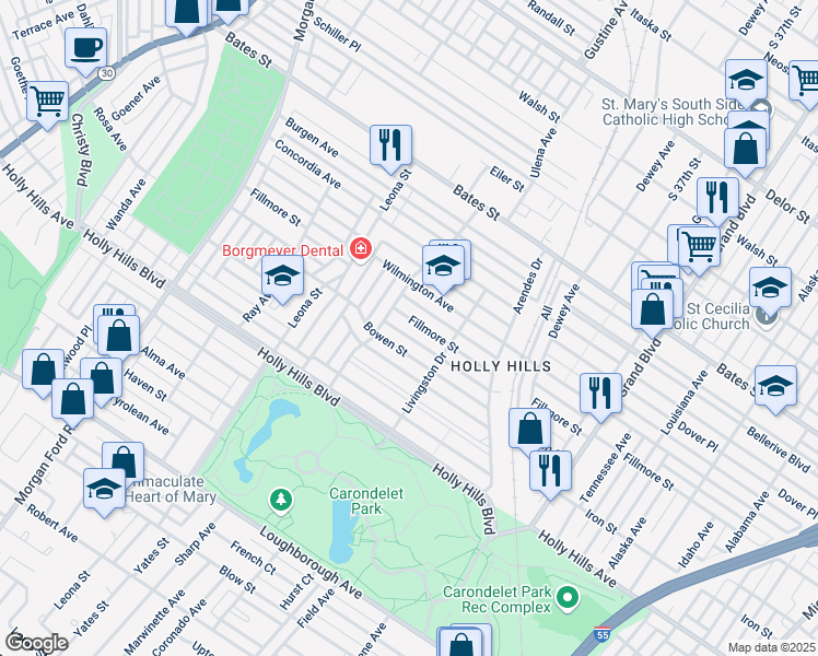 map of restaurants, bars, coffee shops, grocery stores, and more near 3921 Bowen Street in St. Louis