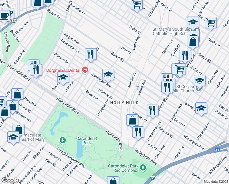 map of restaurants, bars, coffee shops, grocery stores, and more near 3840 Wilmington Avenue in St. Louis