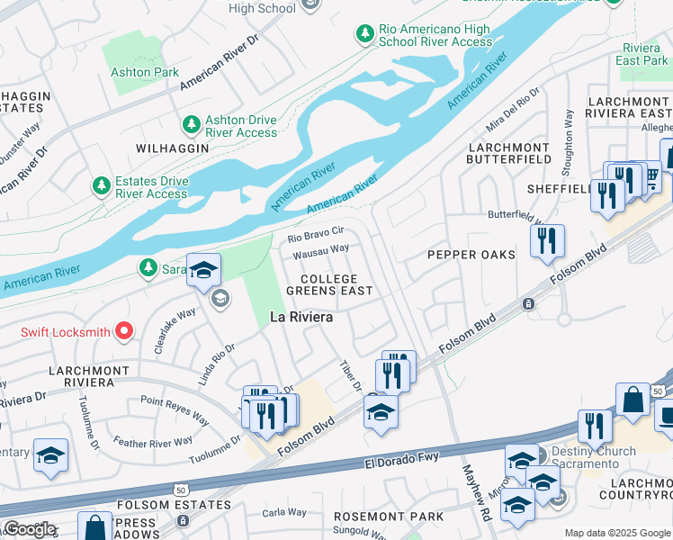 map of restaurants, bars, coffee shops, grocery stores, and more near 2625 Volga Way in Sacramento