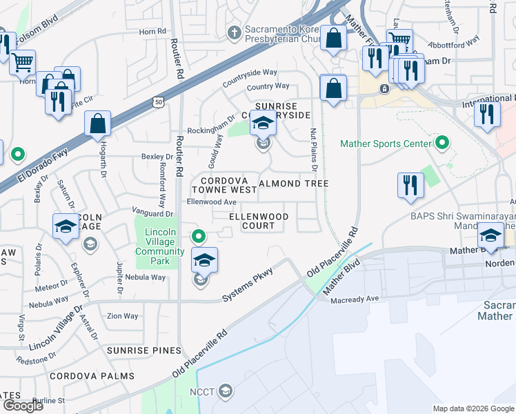 map of restaurants, bars, coffee shops, grocery stores, and more near 3460 Wildwind Court in Sacramento