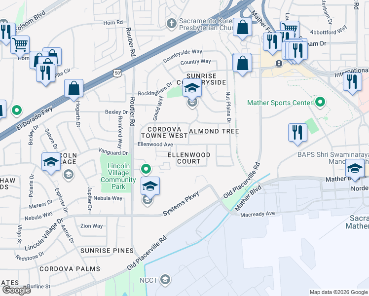 map of restaurants, bars, coffee shops, grocery stores, and more near 3435 Misty Morning Circle in Sacramento