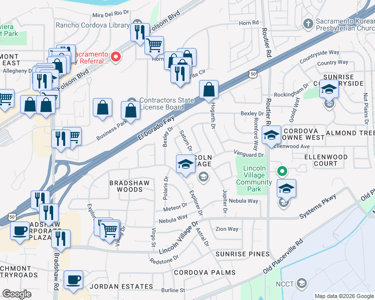map of restaurants, bars, coffee shops, grocery stores, and more near 3250 Saturn Drive in Sacramento