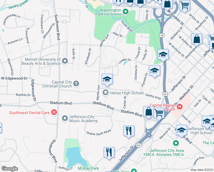 map of restaurants, bars, coffee shops, grocery stores, and more near 1310 Swifts Highway in Jefferson City
