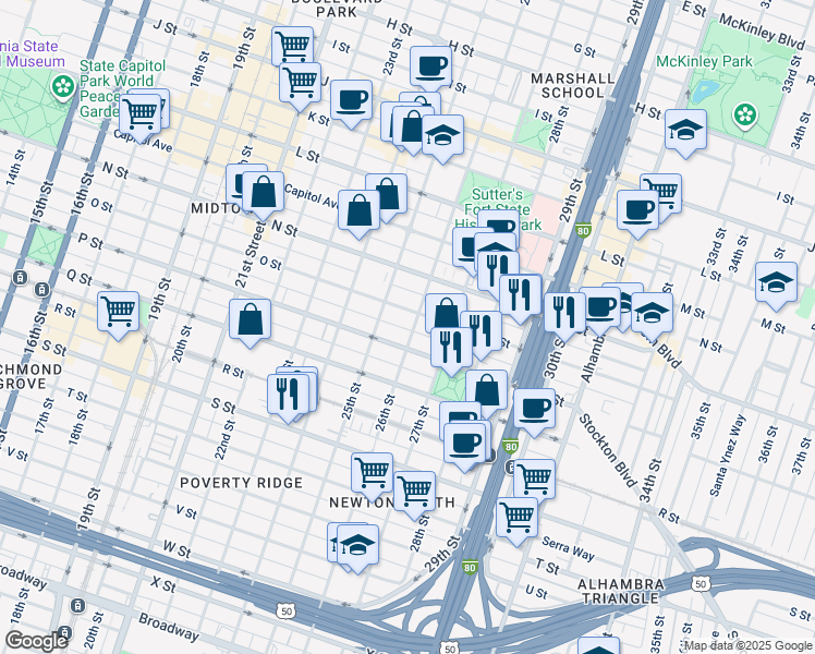 map of restaurants, bars, coffee shops, grocery stores, and more near 1531 26th Street in Sacramento