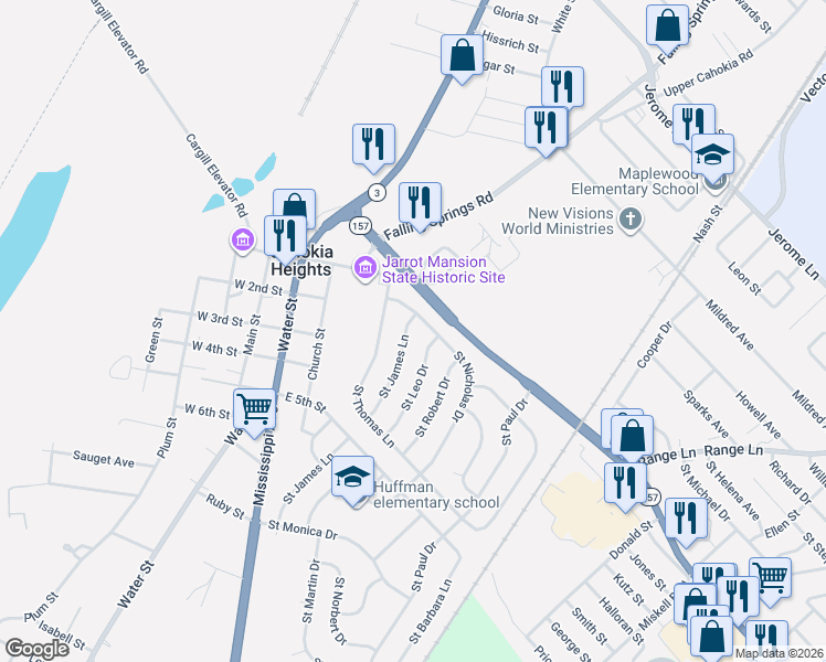 map of restaurants, bars, coffee shops, grocery stores, and more near 125 Saint James Lane in Cahokia